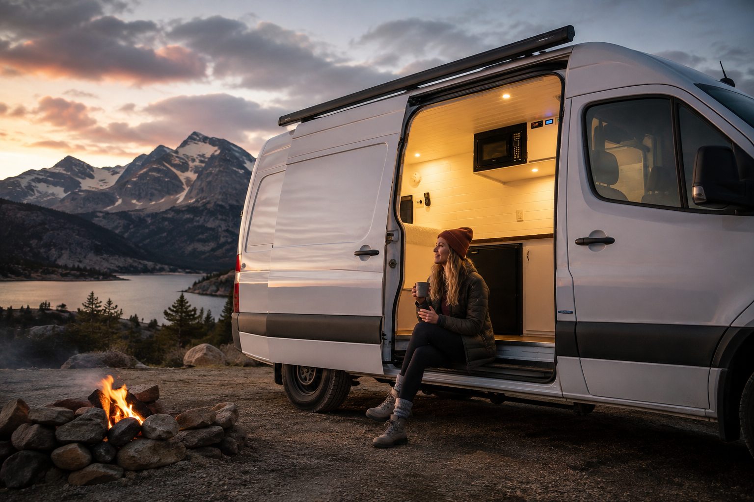 Custom Mercedes Sprinter camper van parked in the mountains at dusk with warm interior lighting glowing through the open door